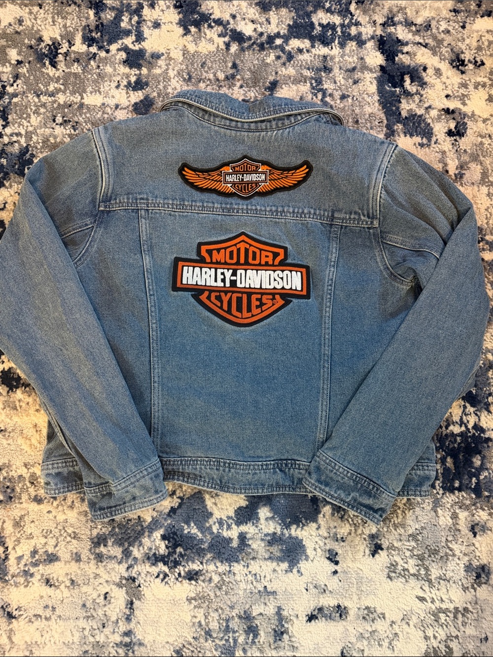 Harley Davidson Women’s XL Denim Jacket Embroidered Logo Patch Biker